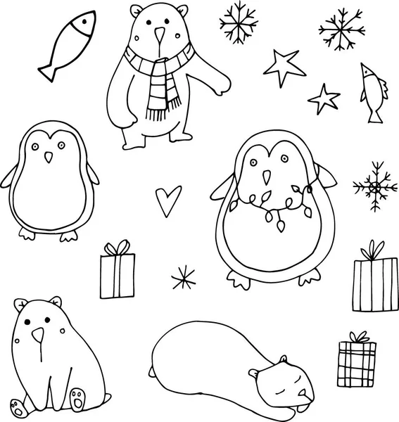可爱的企鹅和北极熊在白色背景 冬季人物 包装设计用的雪花 纺织品等上设置了病媒图解 — 图库矢量图片#