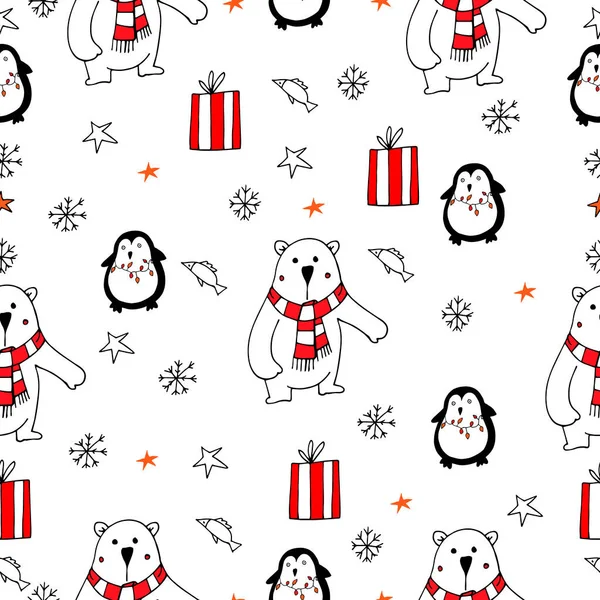 Noël Mignon Ours Polaires Pingouins Vecteur Illustration Motif Sans Couture — Image vectorielle