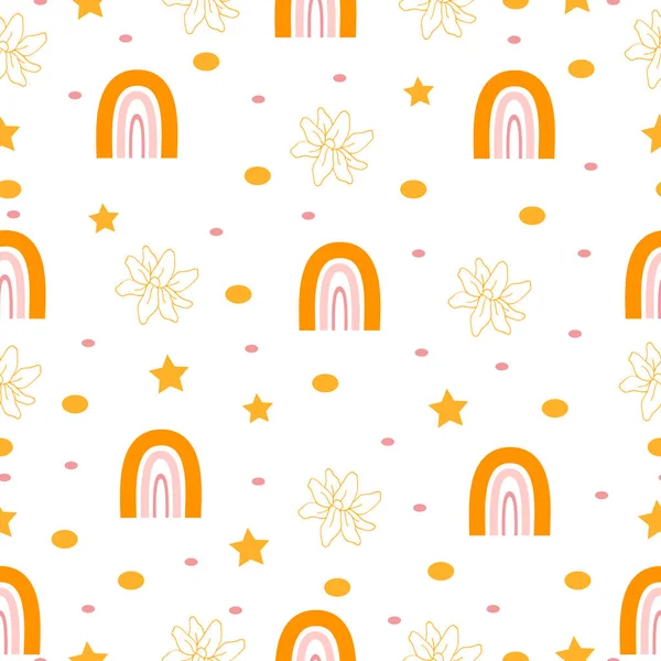 Arco Iris Boho Círculos Patrón Sin Costuras Estrellas Flores Amarillo — Vector de stock