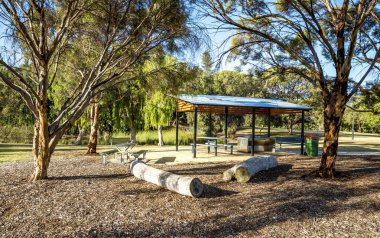 Park Piknik Alanı Kapalı Pavyonu, Log Banches ve Shady Trees Under Bright Sky in Piney Lakes Reserve, Perth, Avustralya, 16 Aralık 2020