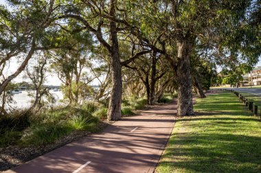 Canning Nehri boyunca ağaçlarla kaplı kırmızı yol Rossmoyne, Perth, Avustralya 'da nehir manzaralı, 16 Mart 2021