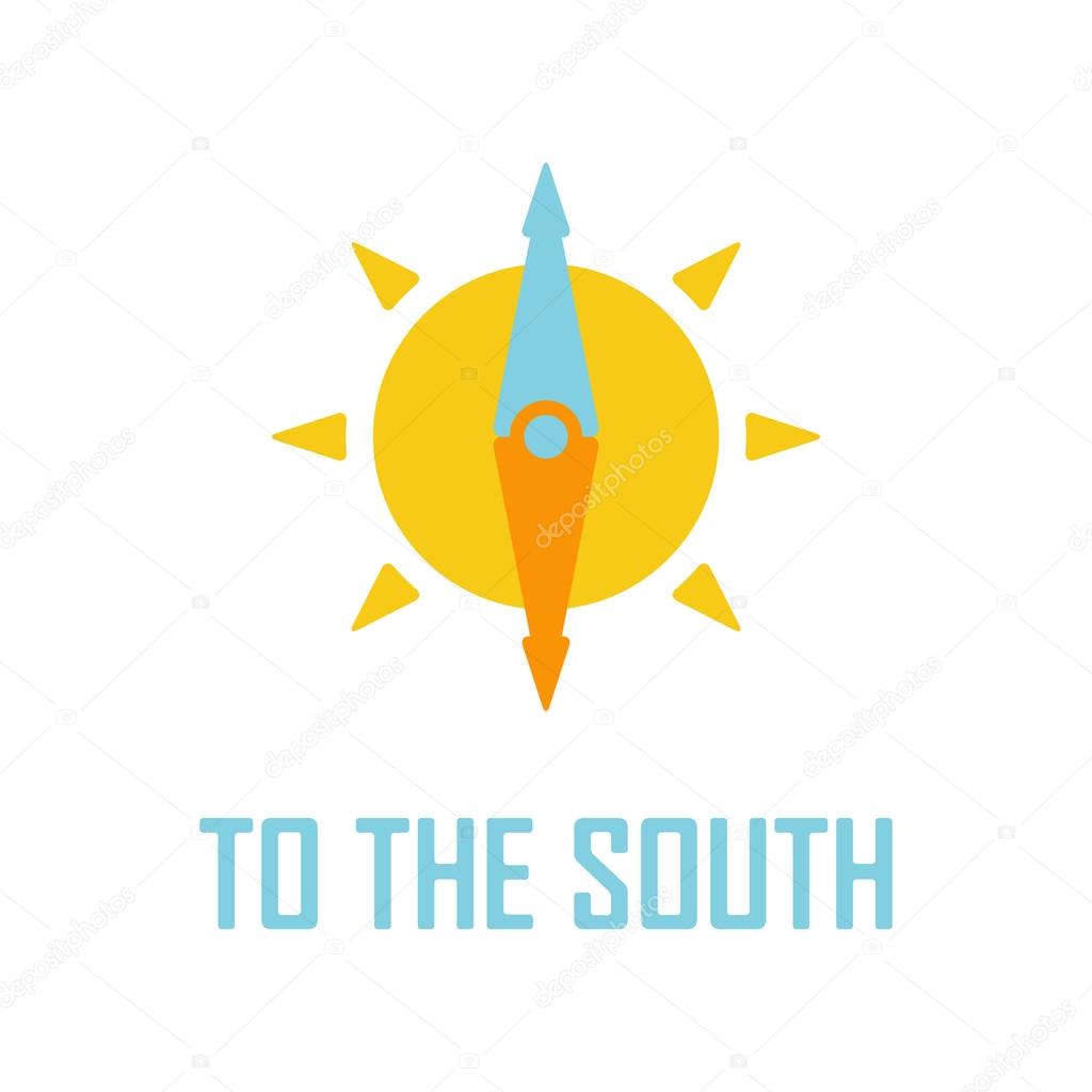 Travel logo template. sun and compass arrow or needle, which points to the south. isolated on white background. vector illustration