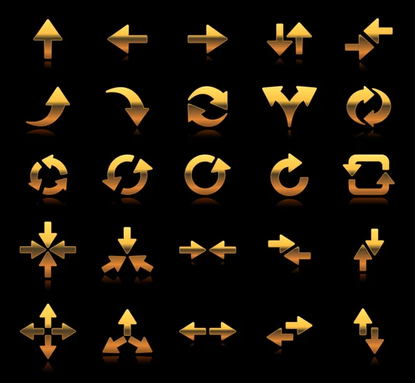 Conjunto icono y símbolo flecha dirección oro dorado — Archivo Imágenes Vectoriales