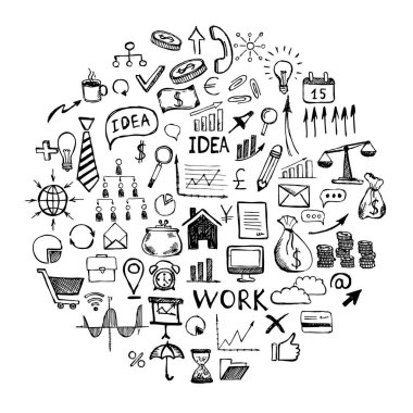 El çizimi iş sembolleri. Doodle tasarım biçimi ile yönetim kavramı.