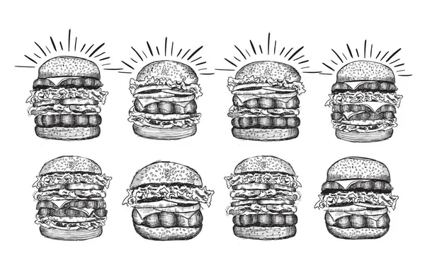Burger Ditetapkan Pada Latar Belakang Putih Ilustrasi Gambar Tangan Vektor - Stok Vektor