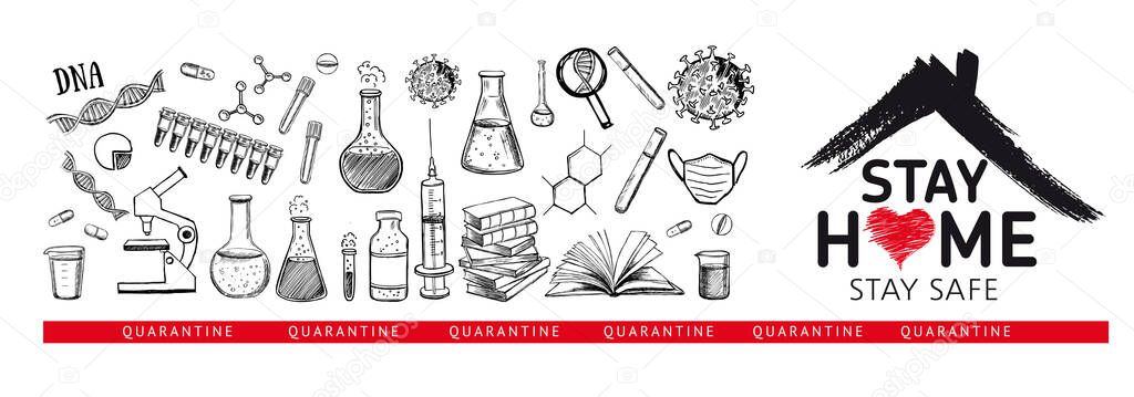Stay home stay safe doodle illustration. Quarantine. Pandemic coronavirus. Coronavirus, dna, blood test. Laboratory research vector hand drawn icons set.