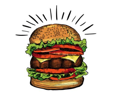 Beyaz arkaplanda vektör el çizimi burger