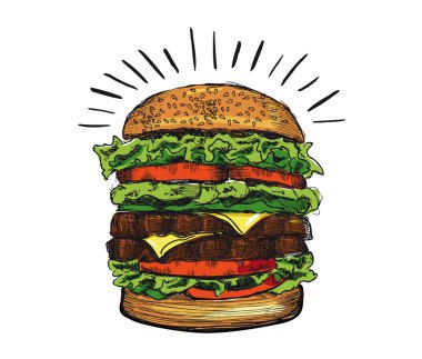 Beyaz arkaplanda vektör el çizimi burger