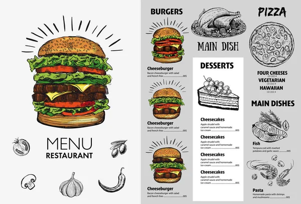 Menu Restaurant Brochure Flyer Met Handgetekende Grafische Weergave — Stockvector