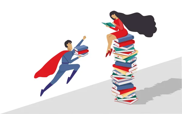 Dames Lezen Boek Superman Vliegt Met Boeken Platte Cartoon Vector — Stockvector