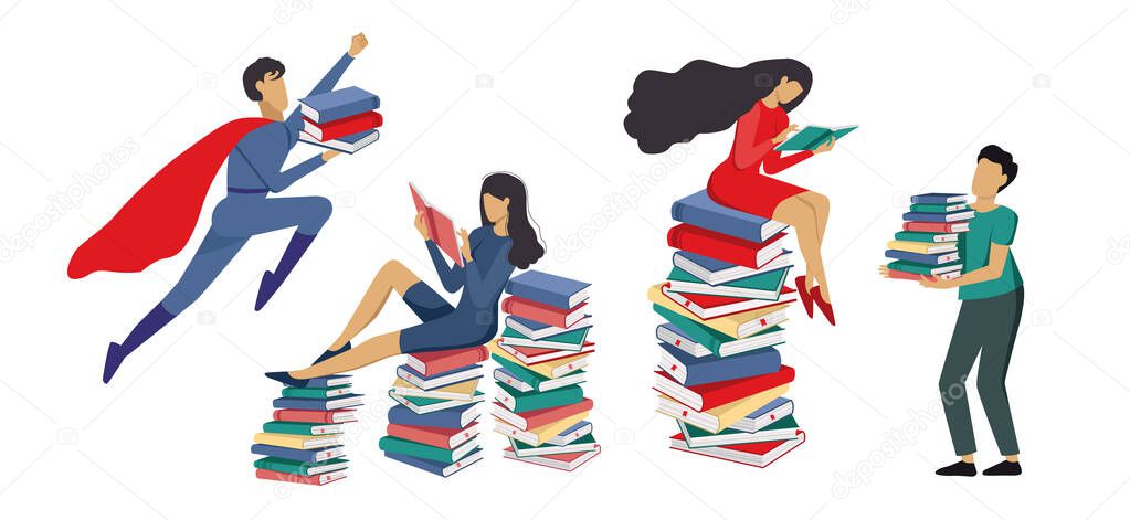 People with books. Man flies with books. Ladies reading book. Flat cartoon vector illustration.