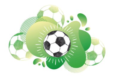 El çizimi futbol, futbol topu skeci. Akışkan soyut arkaplan. Akan sıvı şekilli pankartlar. Vektör