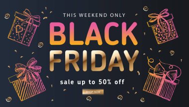 Kara Cuma indirimi. Hediye kutusunun karalama simgeleri. El çizimi stili. Vektör.