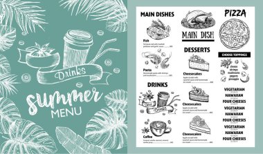 Yaz menüsü. Restoran yemek menüsü tasarımı, elle çizilmiş çizimler. Vektör.
