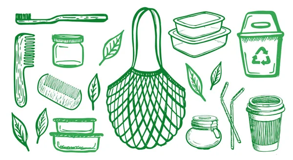 Handgezeichnete Illustration Von Zero Waste Vektor Symbole Gesetzt — Stockvektor