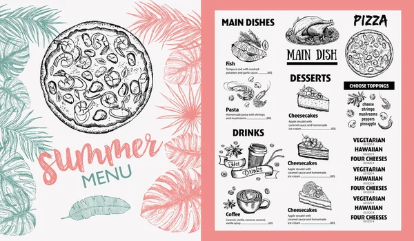 Summer Menu Restaurant Food Menu Design Hand Drawn Illustrations Vector — Stock Vector