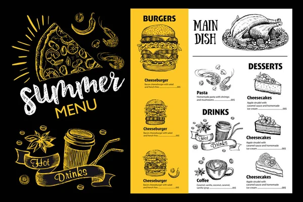 Summer Menu Restaurant Food Menu Design Hand Drawn Illustrations Vector — Stock Vector