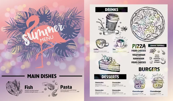 Summer Menu Restaurant Food Menu Design Hand Drawn Illustrations Vector — Stock Vector
