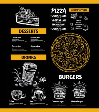 Menü kafe tasarım şablonu. El çizimi grafikli el ilanı.