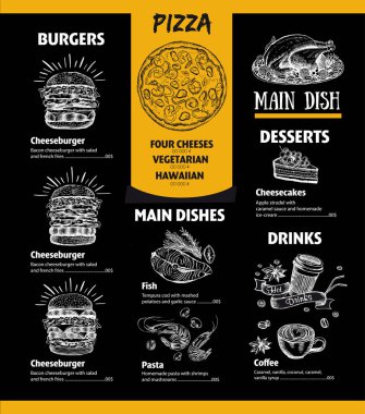Menü kafe tasarım şablonu. El çizimi grafikli el ilanı.