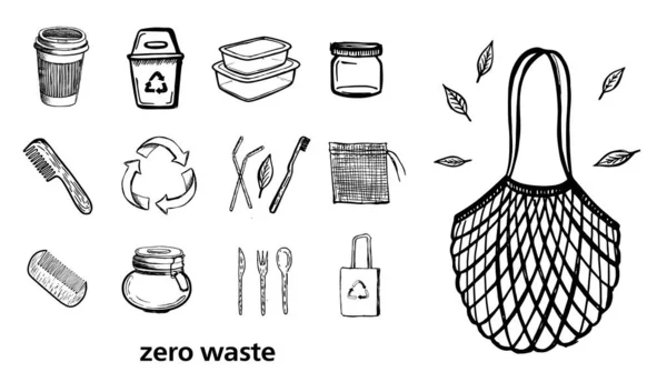 Handgezeichnete Illustration Von Zero Waste Vektor Symbole Gesetzt — Stockvektor