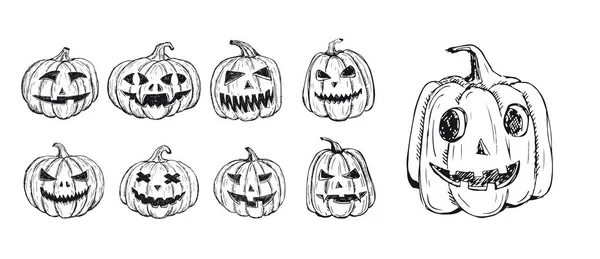 Conjunto Calabaza Halloween Estilo Garabato Ilustración Dibujada Mano Vector — Vector de stock