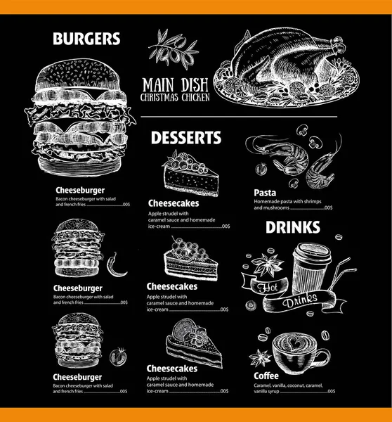 Menu Cafe Restaurant Design Template Flyer Met Handgetekende Grafische Weergave — Stockvector