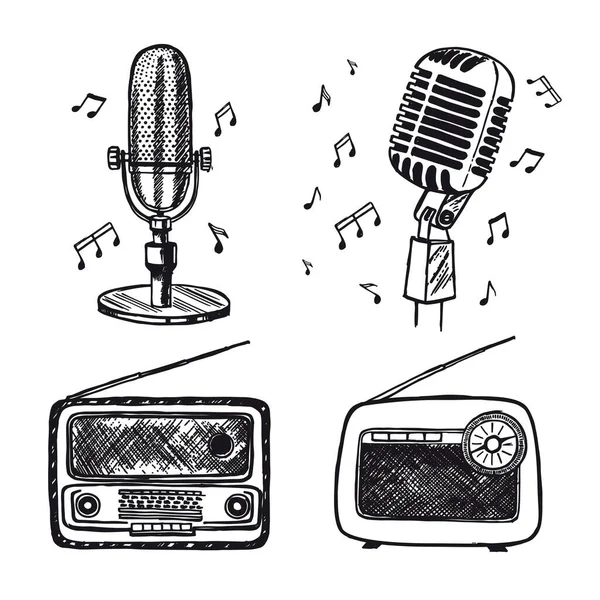 Retro Microphone Radio Sketch Hand Drawn Illustration Vector — Stock Vector