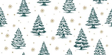Beyaz üzerine yeşil ağaç desenli Noel deseni, el çizimleri çizimleri