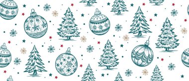 Noel deseni ağaç yeşili ve beyaz üzerine oyuncak, el çizimi çizimleri