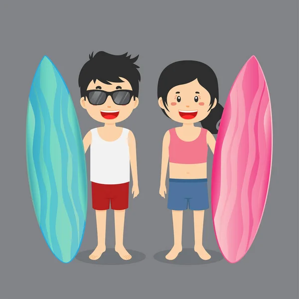 Carácter Pareja Listo Para Surfear — Vector de stock