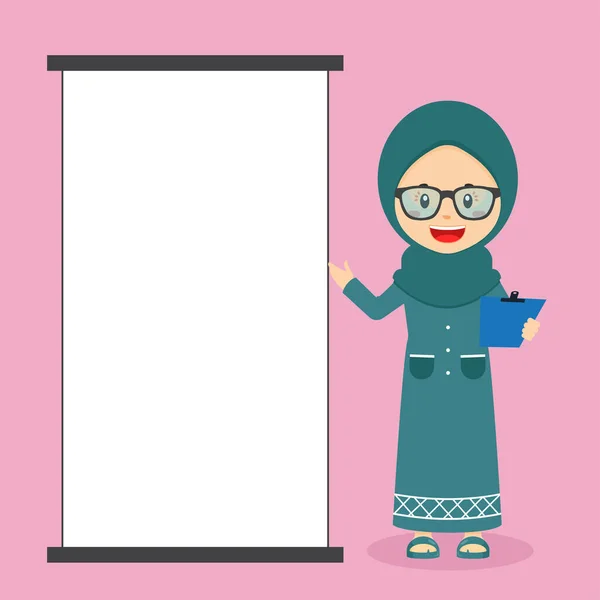 Personagem Menina Muçulmana Com Placa Branco —  Vetores de Stock