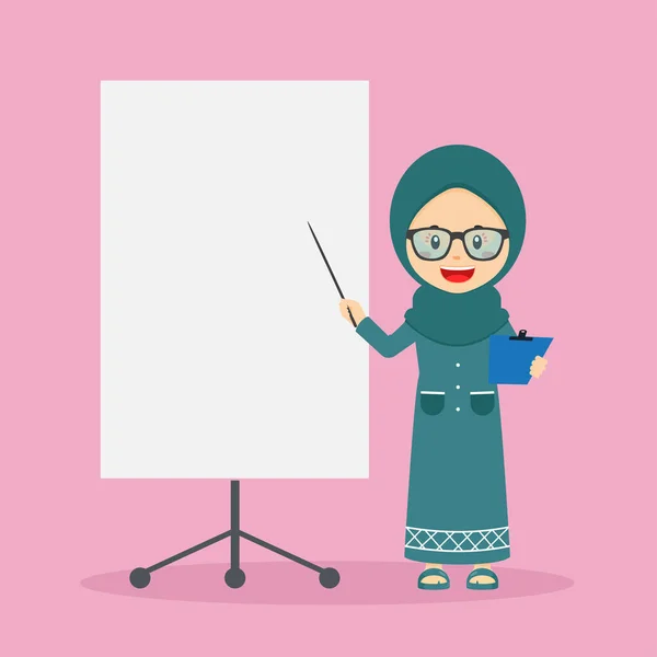 Personagem Menina Muçulmana Com Placa Branco —  Vetores de Stock