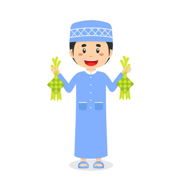 Image Vectorielle Muslim Character Hold Ketupat — Image vectorielle