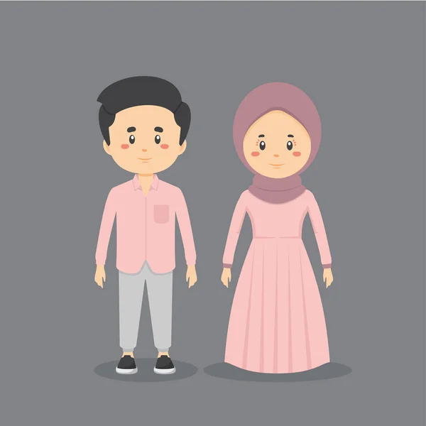 Couple Character Muslim Wearing Casual Clothes — Stock Vector