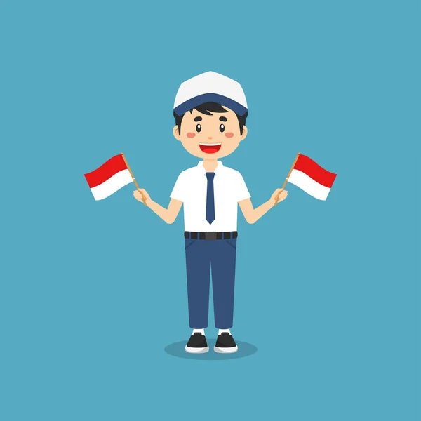 可爱的印度尼西亚初中 举着印度尼西亚国旗 — 图库矢量图片