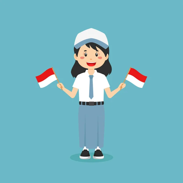 可爱的印度尼西亚高中高举印度尼西亚国旗 — 图库矢量图片