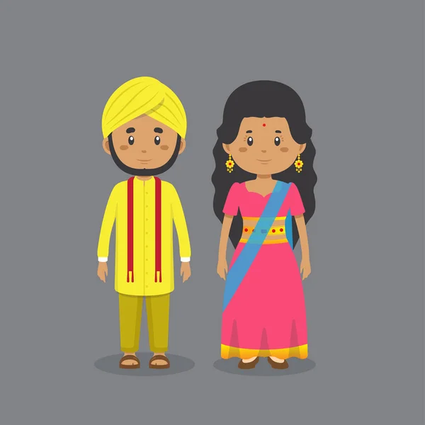 Couple Character Indian Wearing Traditional Dress — Stock Vector