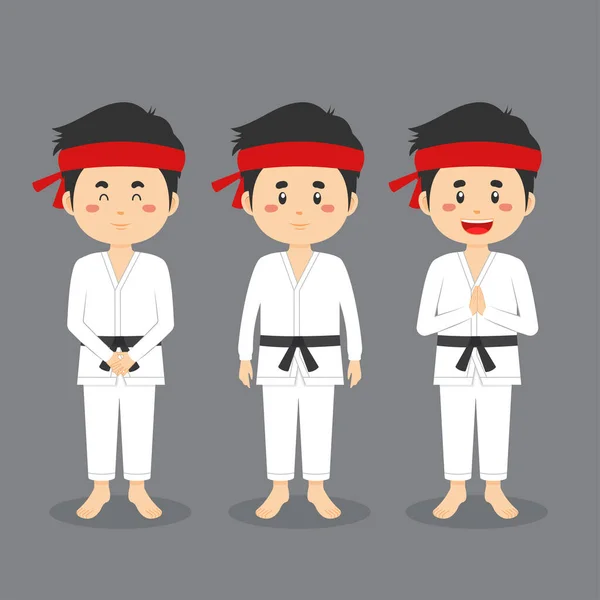 Carácter Karate Con Varias Expresiones — Vector de stock