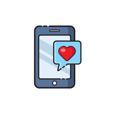 Sosyal medya simgesi akıllı telefon çevrimiçi popülerliği simgeleyen kalp şeklinde bir uyarı sergiliyor. Sosyal medya pazarlama görselleri ve dijital iletişim kavramları için mükemmel.