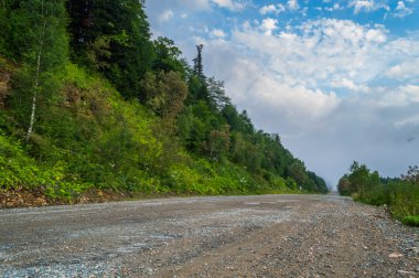 Sis ve bulutlar dağ toprak yol