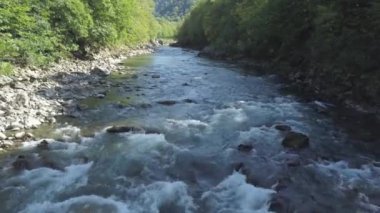 Dağ nehri üzerinde uçan insansız hava aracı ya da dere kıyıları boyunca taşlarla ve yemyeşil renkli bir ormanla