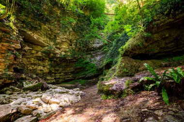 Yürüyüş yolunda duvarda çeşitli taş katmanlarının dokuları.