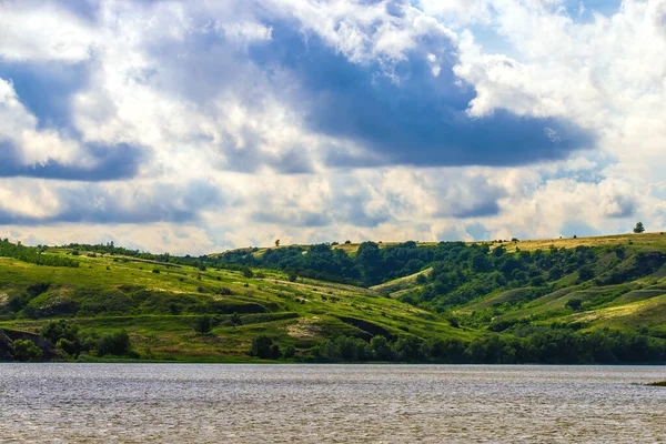 Panorámás Kilátás Nyílik Folyóra Don Dombok Lejtők Sztyepp Part Vízmosás — Stock Fotó