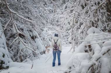 Sırt çantalı bir kadın kış ormanında yürüyor..