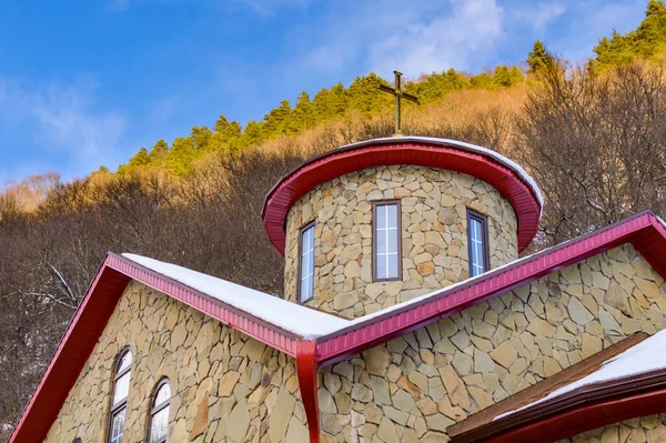 Fragment of the architecture of the orthodox temple. Nature background