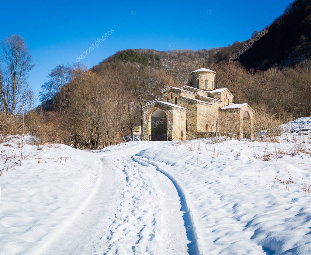 North Caucasus. Lower-Arkhyz settlement. Abandoned orthodox temple. Winter landscape
