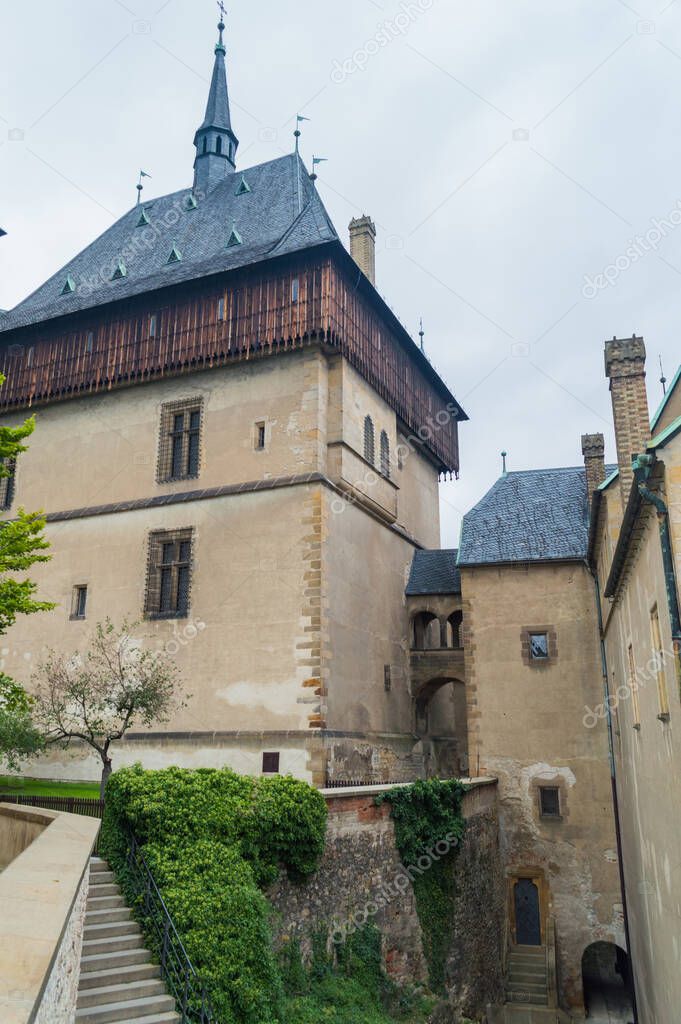 Courtyard of historic castle in Karlstejn, Czech Republic. Detail of architecture.