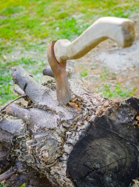 Köyün avlusunda balta var.