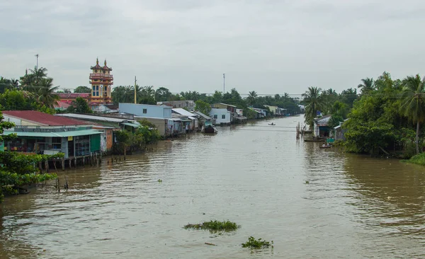 Delta Del Mekong Vietnam Barcos Río Con Agua Marrón Casas — Foto de Stock